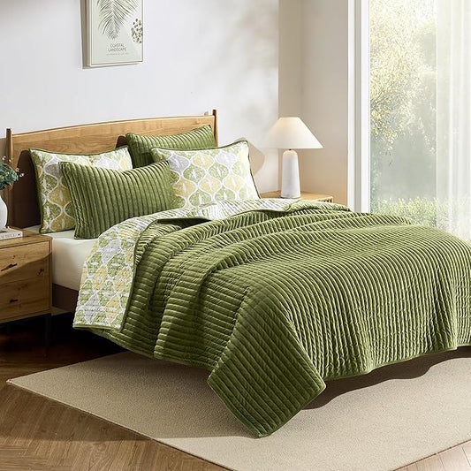 Wonderful Velvet Quilt Set - Striped Channel Stitch Green Quilt King, Rustic Ogee Printed Cotton Reversible Lightweight Comforter, Farmhouse Soft Bedspread Coverlet Bedding for All Season, 106"x94"
