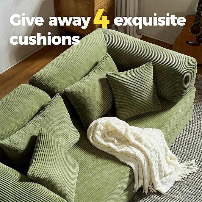 78 Inch Convertible Sofa Bed, Corduroy Boneless Couch with Fixed Frame and 4 Pillows, Modular Sectional Couch for Living Room Bedroom Studio Floor Bed Loveseat Sofa (Green)