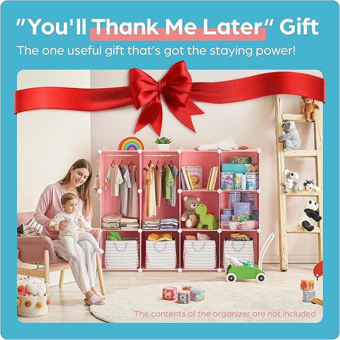 Baby Closet Organizer for Nursery - Durable Baby Wardrobe Armoire for Closet - Customizable Dresser Shelves - Waterproof Shelf Clothes Organizer w/Wall Fixation (Pink)