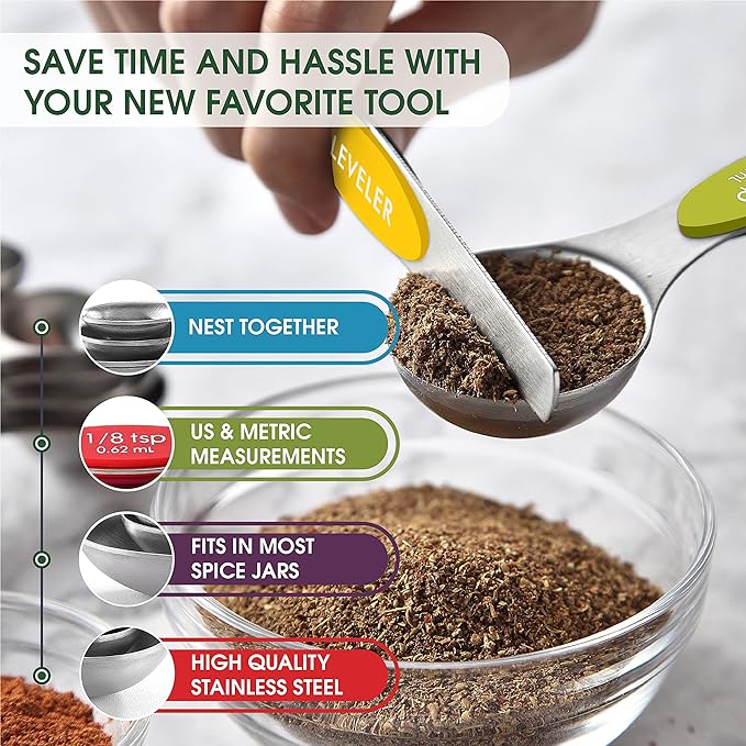 Spring Chef Stainless Steel Magnetic Measuring Spoons Set with Strong Magnets, Heavy Duty Metal Kitchen Essentials - Fits in Most Kitchen Spice Jars, Multicolor, Set of 8 with Leveler
