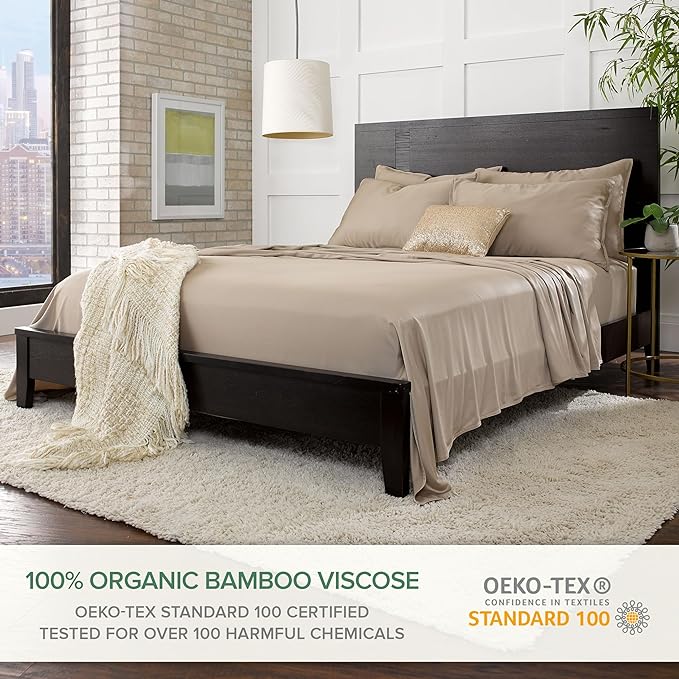 Pure Bamboo Split King Sheets, Genuine 100% Organic Viscose Derived from Bamboo Bed Sheet Set, Soft & Cooling, Double Stitching, 2 Fitted Sheets (Split King, Sand)