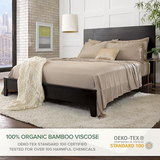 Pure Bamboo Split King Sheets, Genuine 100% Organic Viscose Derived from Bamboo Bed Sheet Set, Soft & Cooling, Double Stitching, 2 Fitted Sheets (Split King, Sand)