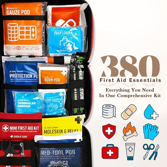 380 Pcs First Aid Kit All-Purpose Medical Essential Kit for Cuts, Scrapes, Burns, Emergency Preparedness | for Home, Office, Car, Travel, Camping, Outdoor (Black)