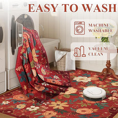 DUKINO 5x7 Area Rug, Floral Rugs for Living Room, Lightweight Non Slip Washable Rug, Indoor Low Pile & Non-Shedding Boho Design Rugs for Bedroom, Living Room, Dining Room, Red