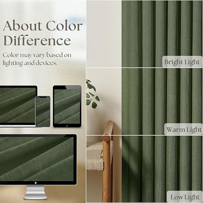 108 Inch Linen Pleated Curtains 2 Panels Set for Living Room Bedroom Farmhouse Cotton Rustic Farmhouse Back Tab Memory Trained Pinch Pleat Window Curtain Olive Green 108 Inch Length for Office 9FT