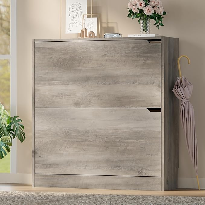 Shoe Cabinet with 2 Flip Drawers, Slim Narrow Shoe Storage Cabinet, Freestanding Shoe Organizer with Adjustable & Removable Shelves, Top Display Shelf for Entryway, Hallway, Foyer, Closet