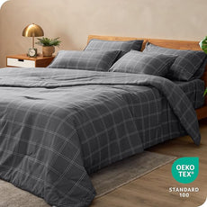 Bare Home Bed-in-A-Bag 7 Piece Comforter & Sheet Set - Queen - Track Stitch - Goose Down Alternative - Ultra-Soft 1800 Premium - Bedding Set (Queen, Modern Plaid - Grey/White)