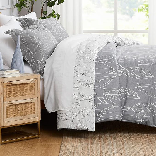 Southshore Fine Living, Inc. Reversible Duvet Cover Queen Size Set/Full Size - Leaf Pattern Duvet Cover and 2 Matching Pillow Shams, Grey Bedding Set, Full/Queen - Modern Foliage Grey