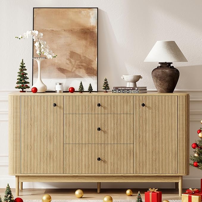 59" Sideboard Buffet Cabinet with Storage, Modern Fluted Accent Credenza with Charging Station, Wood Mid Century Buffet Table Coffee Bar Console Table with 3 Drawers & 2 Doors for Kitchen, Entryway