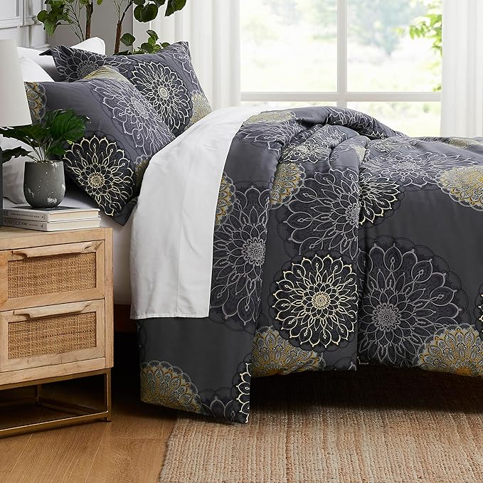 Southshore Fine Living, Inc. Oversized Floral Duvet Cover King Size Pattern Set, Reversible Flower California King Duvet Cover, Hotel Quality Bedding King/Cal King, 2 Pillow Shams - Midnight Black
