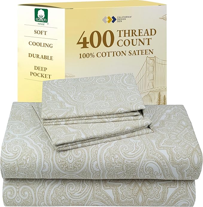 California Design Den California King Sheet Sets - 400 Thread Count Sateen, Natural 100% Cotton Sheets Set, Deep Pocket and Durable Bedding - Paisley Pattern, Beige