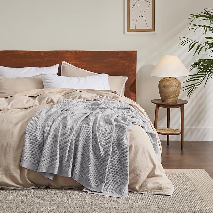 Bedsure Gentlesoft 100% Cotton Large Throw Blanket for Couch 50x70 inches - Breathable and Soft, Waffle Weave Throw Blanket for Office, Grey