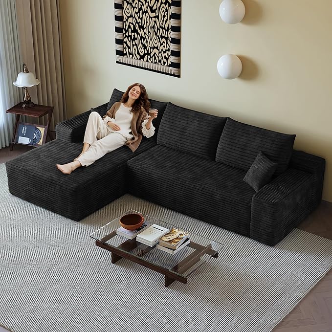 108" Sectional Couches for Living Room Modern Modular Sofa with L-Shape Couchs Upholstered Boneless Couch Deep Seat Sectional Couch with Chaise (Black, Left Facing Chaise+2Seaters)