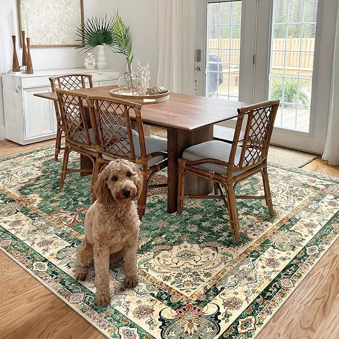 8'x10' Area Rugs Washable,Green Rug for Living Room Bedroom Dining Room,Large Boho Vintage Bohemian Distressed Oriental Carpet Non Slip,Retro Sage Floral