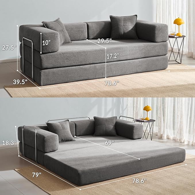 YINIX Foldable Sofa Bed, 78'' Folding Floor Couch, Compressed Convertable Sleeper Sofa, Memory Foam Couch with Pillow Back Support Armrest, 4-in-1 Futon Sofa Bed for Living Room, Light Gray