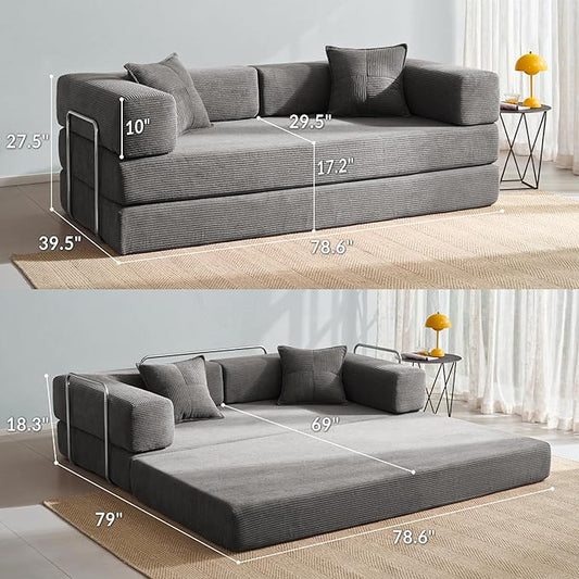 YINIX Foldable Sofa Bed, 78'' Folding Floor Couch, Compressed Convertable Sleeper Sofa, Memory Foam Couch with Pillow Back Support Armrest, 4-in-1 Futon Sofa Bed for Living Room, Light Gray