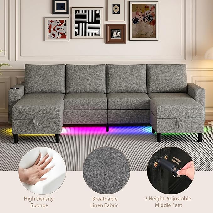 Sectional Couches for Living Room, 4 Seat Sectional Sofa with Smart Module-Wireless Charging/USB/Type-C/RGB Light, U Shaped Couch with Reversible Chaise Lounge/Storage Ottoman (Light Grey)