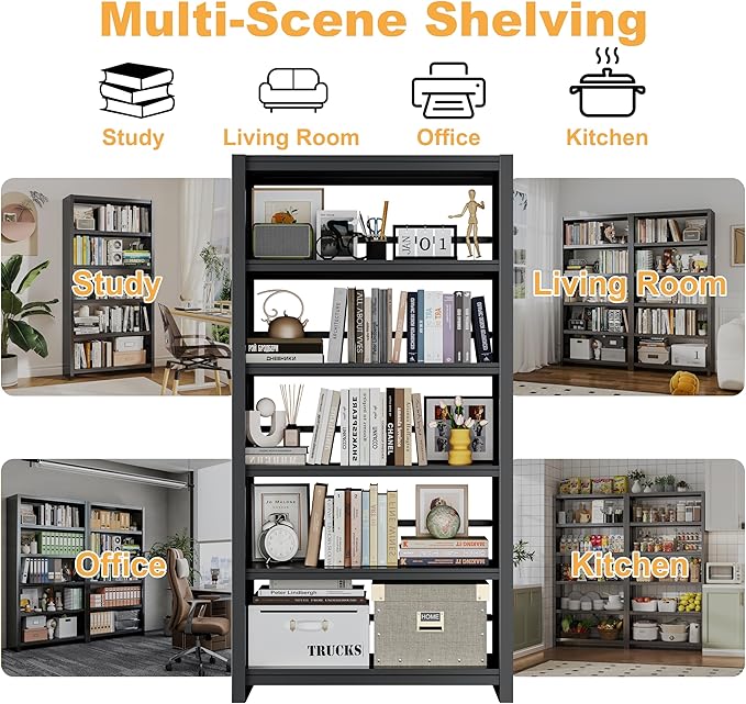 Book Shelf 69" H, 5-Tier Metal Shelving, Modern Black Bookshelf, Tall Bookcase for Bedroom, Living Room, Home Office, Library, Screw-Free Installation