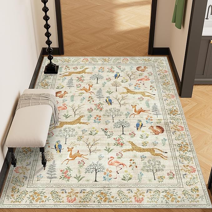 DUKINO 3x5 Rug, Washable Animal Area Rug with Non Slip Vintage Design, Indoor Soft Low Pile Carpet for Bedroom, Nursery, Dining Room, Farmhouse, Playroom, White