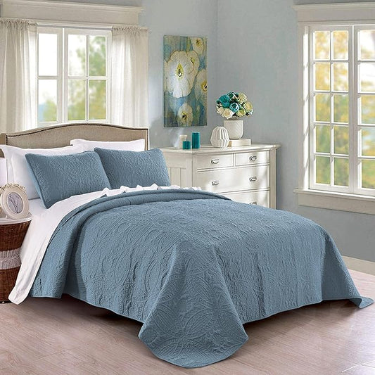 Pure Bedding Quilt Set Full/Queen Size Ash Blue - Oversized Bedspread - Soft Microfiber Lightweight Coverlet for All Season - 3 Piece Includes 1 Quilt and 2 Shams, Geometric Pattern