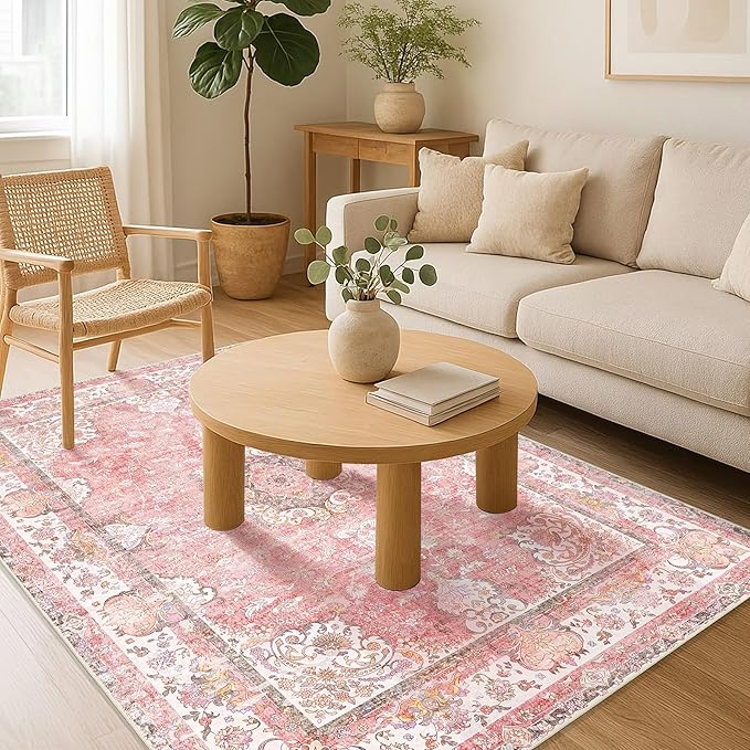 Pink Rug 4'x6.5',Washable Area Rugs for Bedroom Living Room Kitchen Entryway Bedside,Small Boho Vintage Bohemian Distressed Oriental Non Slip Carpet,Blush Floral Flowers