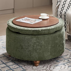 30Inch Round Storage Ottoman with Tray, Modern Tufted Circle Coffee Table with Storage, Upholstered Ottoman with Removable Top for Living Room, Bedroom, Chenille Green