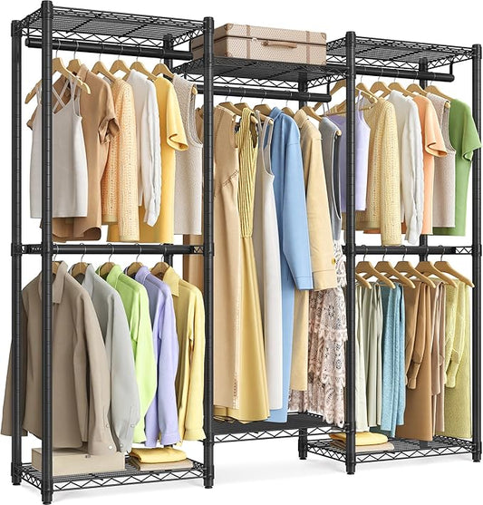 SONGMICS Heavy-Duty Clothes Rack, Garment Rack, Portable Closet, 56.9-Inch Wide Clothing Rack, with Adjustable Mesh Shelves and Hanging Rails, Ink Black ULGR432B01