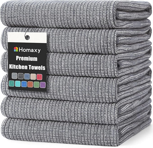 Homaxy Premium Kitchen Towels(18”x 28”, 6 Pack), Large Cotton Kitchen Hand Towels, Flat and Terry Dish Towels, 380 GSM Highly Absorbent Tea Towel Set with Hanging Loop, Grey