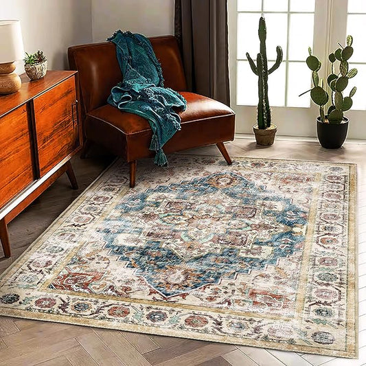 Washable Area Rug 5'x7' for Living Room Retro Beige Blue Boho Chic Medallion Distressed Design Indoor Non-Slip Large Persian Oriental Accent Throw Rug for Kitchen Bedroom Office Carpet
