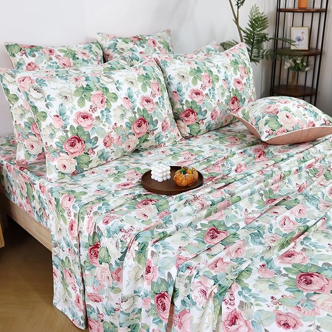 FADFAY Cal King Pink Rose Floral Sheets Set - Romantic French Country Peony Floral Sheets Vintage Farmhouse Bedding 100% Cotton with Deep Pocket Fitted Sheet 4Pcs