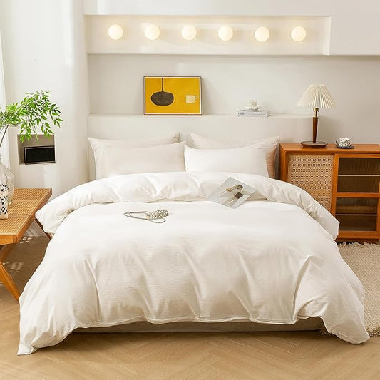 ECOCOTT White Duvet Cover Full Size, 100% Washed Cotton 1 Duvet Cover with Zipper and 2 Pillowcases, Ultra Soft and Easy Care Breathable Bedding Set (White, Full)