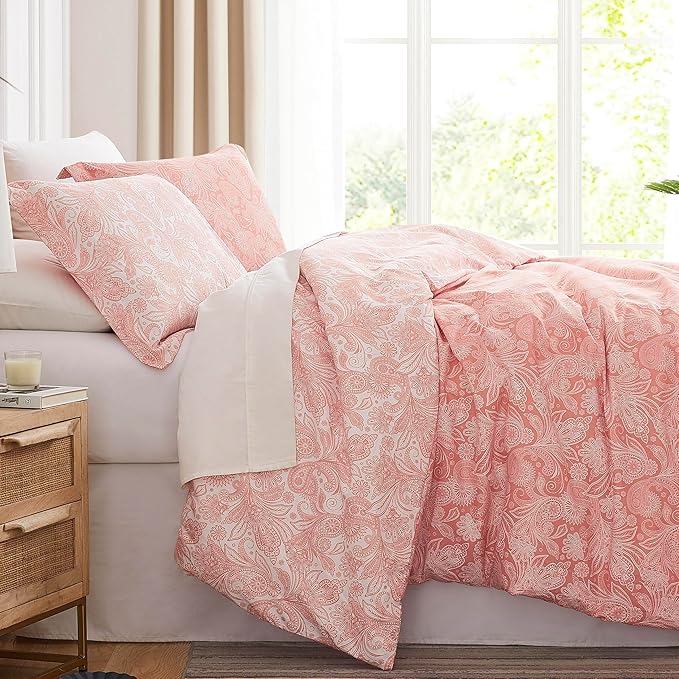 SouthShore FINE LINENS Perfect Paisley Collection - Premium Quality, Soft, Wrinkle, Fade, & Stain Resistant, Easy Care, Oversized Duvet Cover Set, Full / Queen, Coral Haze