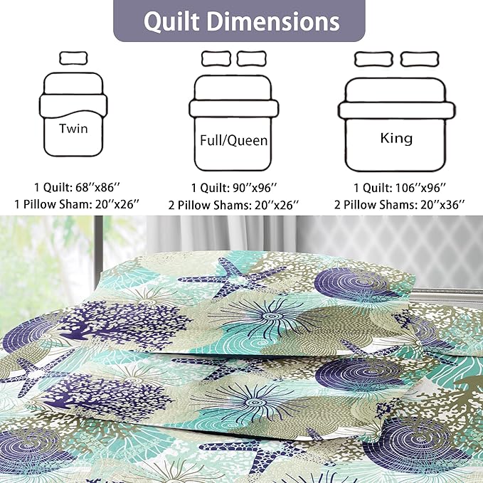Tritard 3 Piece Coastal Quilt Sets Full/Queen Size - Reversible Microfiber Quilts with 2 Shams Soft Lightweight Beach Bedding Nautical Bedspread Coverlet Summer Comforter for All Season, 90''x96'', C6
