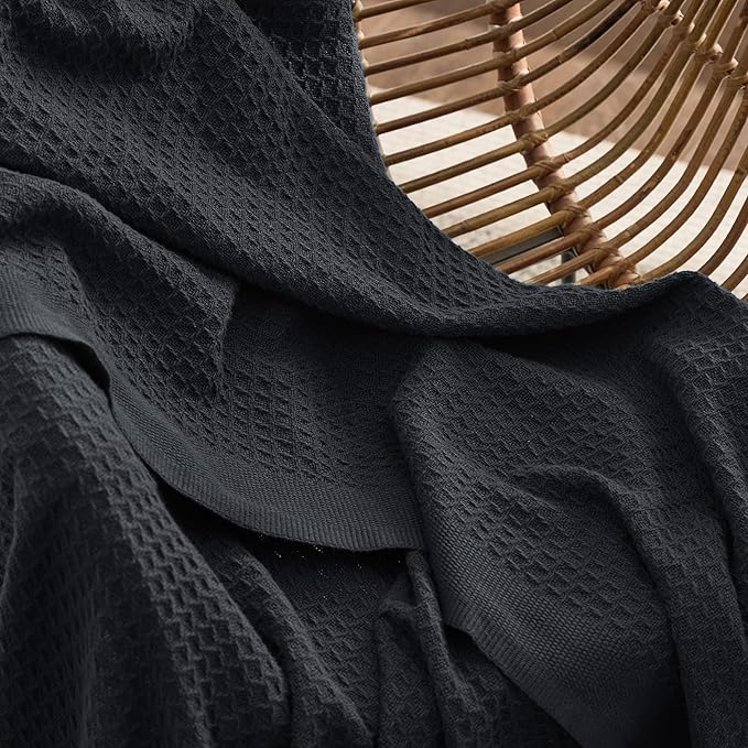 Bedsure Gentlesoft 100% Cotton Blanket Queen Size for Bed - Breathable and Soft, Thick Cozy Waffle Weave Christmas Blanket Gift for Women, Black, 90x90 Inches