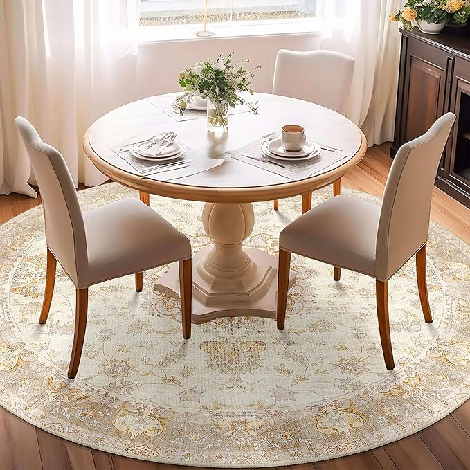 Beige Round Rug 6ft,Large Circle Area Rugs for Living Room Bedroom Dining Room,Washable Boho Vintage Bohemian Distressed Oriental Floral Carpet Non Slip,Retro Gold Floral