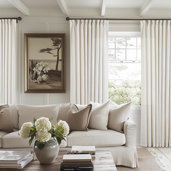 Natural Pinch Pleated Linen Curtains 1 Panel for Living Room Bedroom Memory Training Shaped Semi Sheer Pleat Drapes with Hooks Rings Light Filtering Window Curtain 60x108