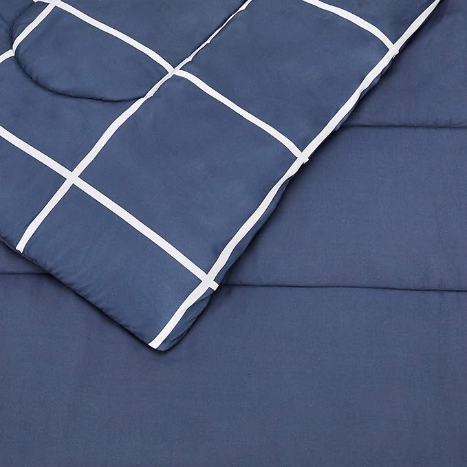 Amazon Basics Twin/Twin XL Comforter Set with Sheets, 5-Piece Navy with Grey Plaid Bedding, Lightweight Microfiber Bed-in-a-Bag
