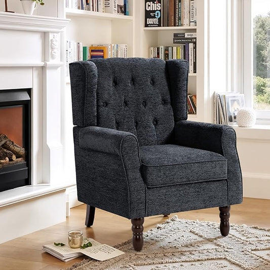Lumibee High Back Accent Chair,Upholstered Wingback Armchair with Solid Wood Legs for Small Spaces,Comfy Single Sofa Chair for Living Room,Bedroom,Office-Black Blue