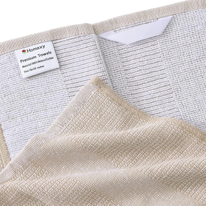 Homaxy Premium Kitchen Towels(18”x 28”, 6 Pack), Large Cotton Kitchen Hand Towels, Flat and Terry Dish Towels, 380 GSM Highly Absorbent Tea Towel Set with Hanging Loop, Khaki