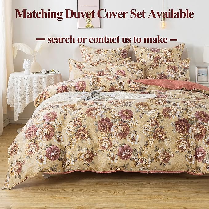FADFAY Sheets Set King Tan Peony Floral Bed Sheet Set Vintage Farmhouse Bedding 100% Cotton Ultra Soft Breathable Bedding with Deep Pocket Fitted Sheet 4Pcs, King Size