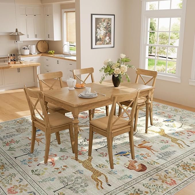 DUKINO 5x7 Rug, Washable Animal Living Room Rug with Non Slip Vintage Design, Soft Low Pile Large Carpet for Bedroom, Nursery, Dining Room, Farmhouse, Playroom, White