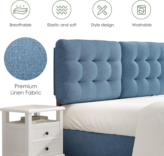 Upholstered Headboard Queen Size, Adjustable Height Queen Headboard Only from 39”to 44”with Durable Solid Wood Legs, Modern Button Diamond Fabric Bed Head Board with Width Adapters, Blue