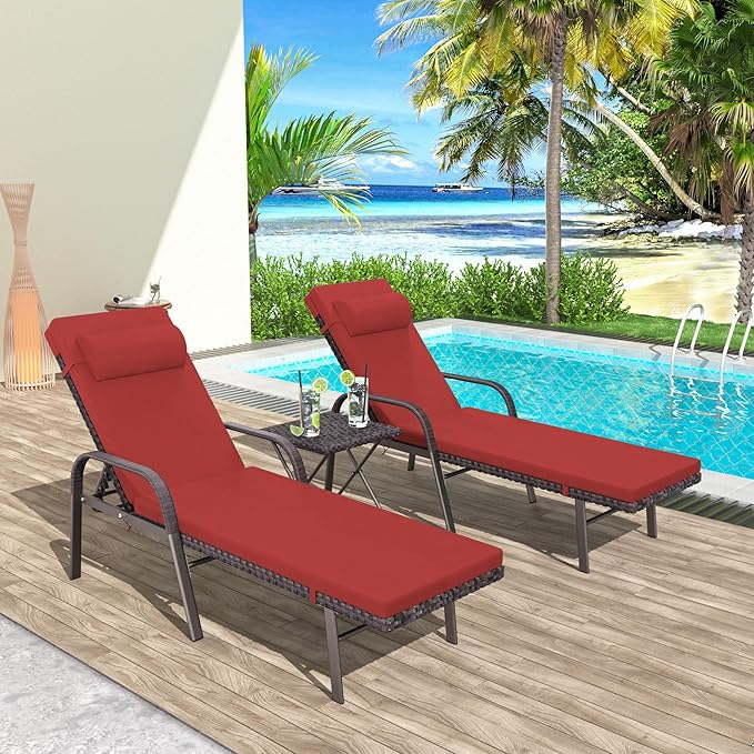 Patio Chaise Lounge Set 3 Pieces Pool Lounge Chairs,Cushioned Outdoor Folding Lounge Chair w/Arm and Rattan Adjustable Backrest for Poolside Porch,Folding Table Included,Red