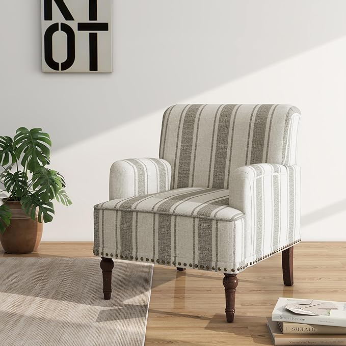 Accent Chair, Mid Century Modern Comfy Armchair for Living Room, Linen Fabric Single Sofa Lounge for Reading Bedroom Apartment Waiting Room with Wood Legs (Brown Stripe, Set of 2)