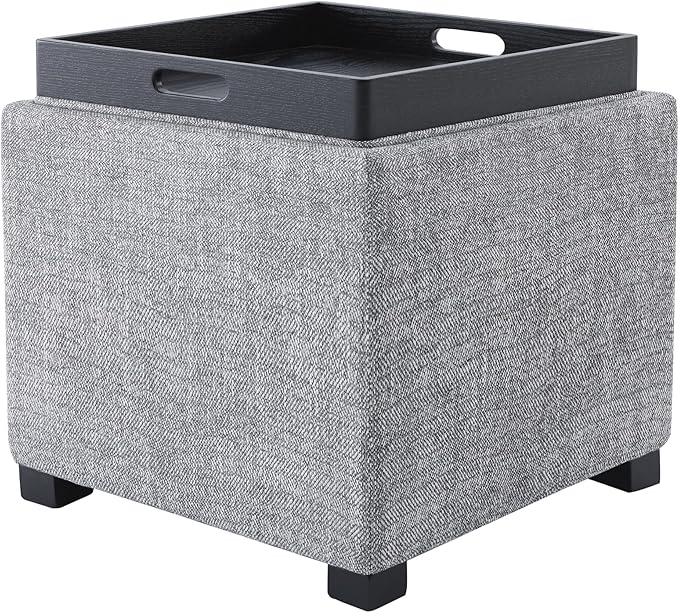 CHITA Storage Ottoman Cube with Tray Lid, Small Footstool with Storage, Square End Table for Living Room and Bedroom, Fabric in Pebble Grey