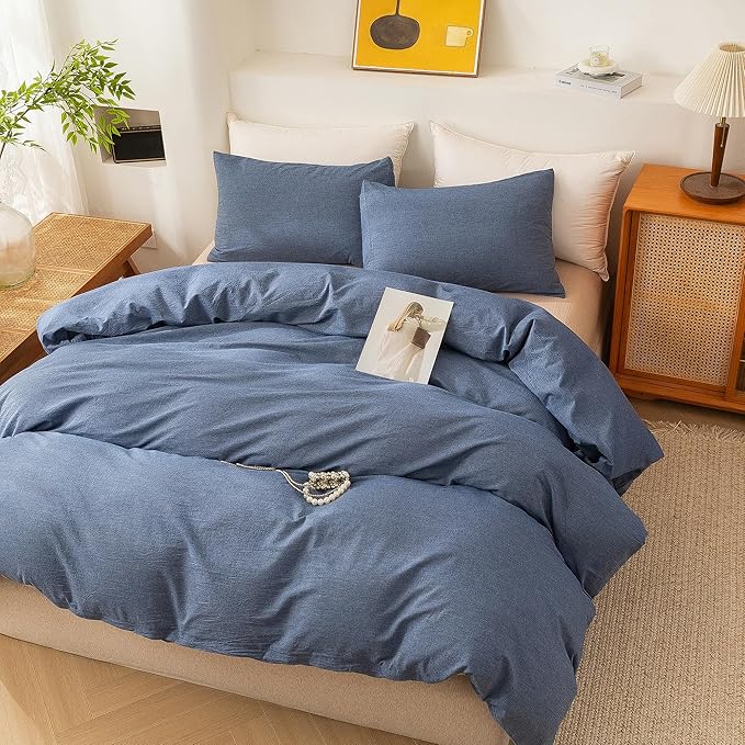 ECOCOTT Denim Blue Duvet Cover King Size, 100% Washed Cotton 1 Duvet Cover with Zipper and 2 Pillowcases, Ultra Soft and Easy Care Breathable Cozy Bedding Set (Denim Blue, King)