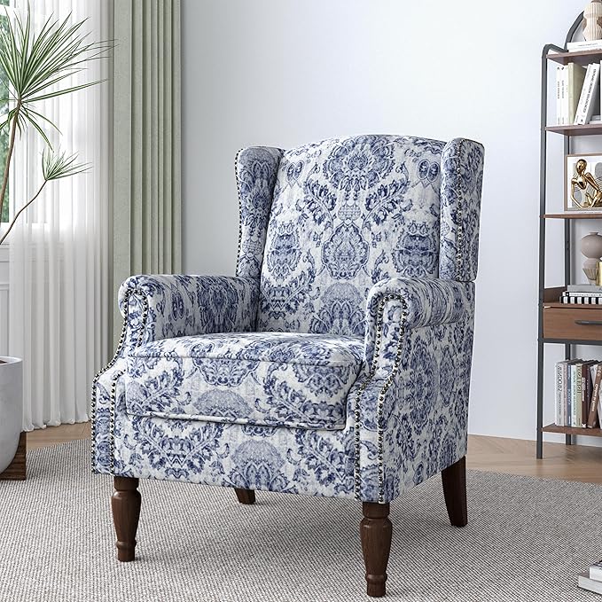 Lumibee Wingback Accent Chair,High Back Floral Armchairs in Fabric,Comfy Upholstered Reading Single Sofa Chair with Solid Wood Legs for Living Room,Bedroom,Office-Navy