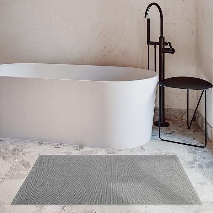 Cotton Paradise 100% Cotton Non Slip Bath Mats for Bathroom, 20x34 inch Soft Absorbent Quick Dry Machine Washable Floor Bath Mat, Light Gray Bath Rug