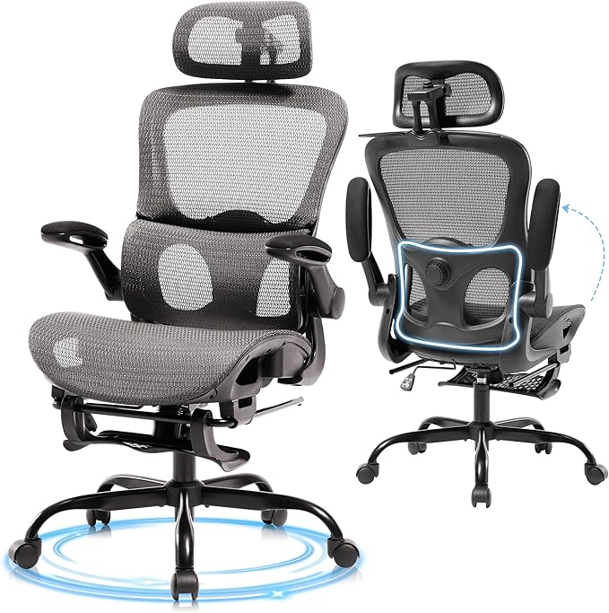 Ergonomic Office Chair, Adjustable High Back Desk Chair with Headrest Footrest 2D Lumbar Support - Executive Breathable Mesh Comfy Swivel Rolling Reclining Computer Task Chairs for Home Office Gaming