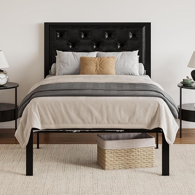 SHA CERLIN Twin Size Metal Platform Bed Frame, PU Leather Upholstered Button Tufted Headboard, Mattress Foundation with 12.4” Under-Bed Storage, Noise-Free, Easy Assembly, No Box Spring Needed, Black